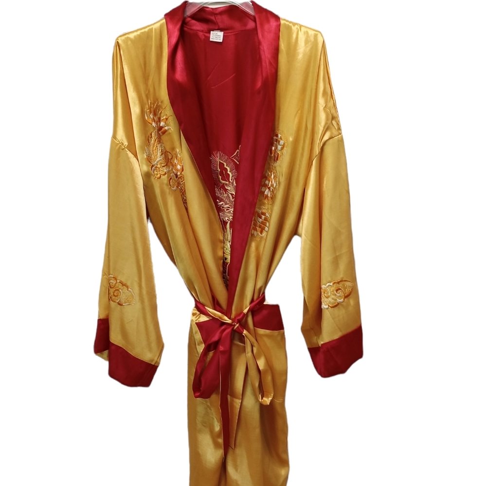 Luxurious Oriental House or Bath Robe, 80% Silk, Red/Gold, Reversible, Size XL